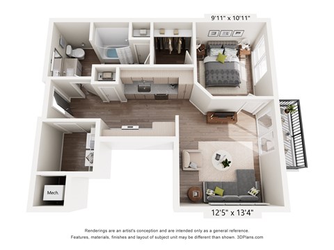 Floor plan for 1 bed, 1 bath, 698 sqft